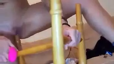 Crazy wild girl fucks her pussy with a chair leg