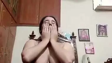 Long hair wife shows naked body curves in shyness